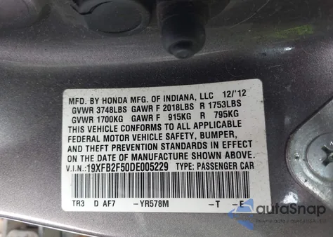 2013 Honda Civic Lx z USA, uszkodzony, nr VIN 19XFB2F50DE005229